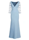 Theia Kiera Beaded Puff Sleeve Gown In Blue In Blue
