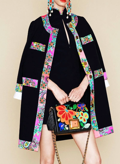 Andrew Gn Long Crepe Jacket With Floral Trim In Black