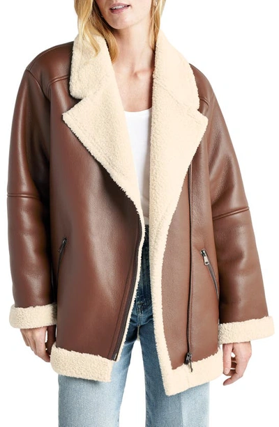 Splendid Earhart Faux Leather Aviator Jacket With Faux Fur Collar In Cognac