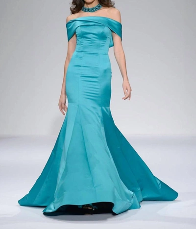 Sherri Hill Satin Off-the-shoulder Gown In Turquoise In Blue