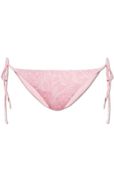 Versace Barocco Printed Tie Detailed Bikini Bottoms In Pink