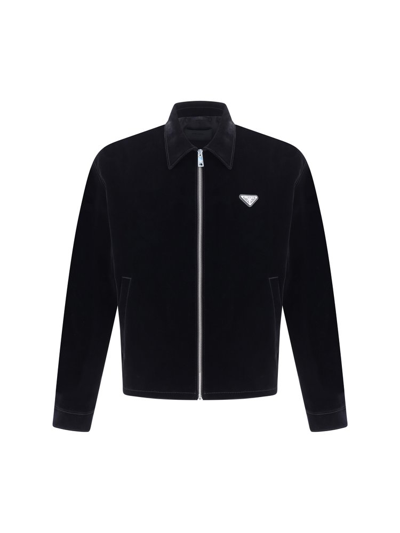 Prada Logo Plaque Zipped Bomber Jacket In Black