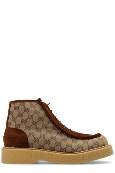 Gucci Gg Supreme Panelled Ankle Boots In Brown