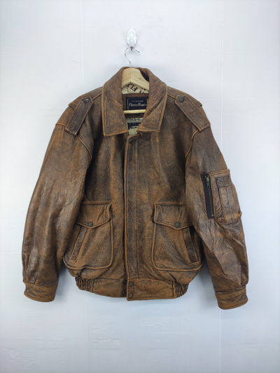 Pre-owned Leather X Leather Jacket Vintage Bomber Jacket Leather Zipper Pierre Bonee In Brown