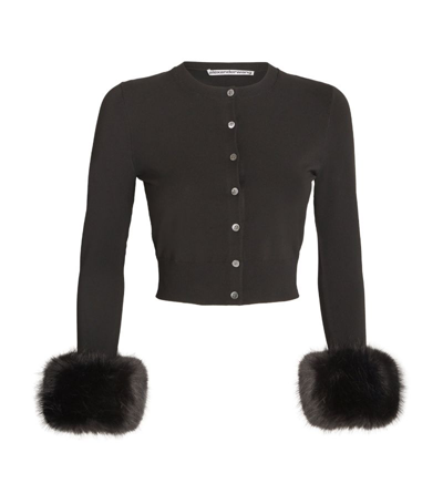 Alexander Wang Cropped Faux Fur-trimmed Stretch-knit Cardigan In Black