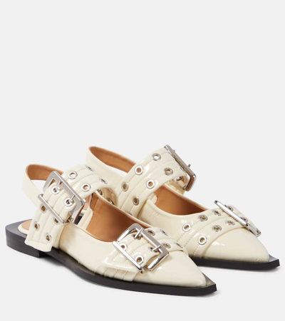 Ganni Buckle Ballerina Patent Leather Slingback Flats In Egret