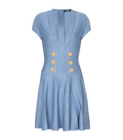 Balmain Embossed-buttons Fine-knit Dress In Pale Blue