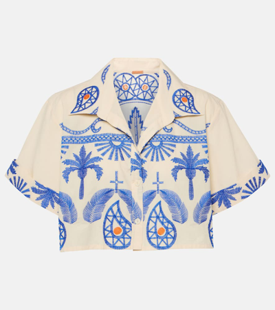 Johanna Ortiz Manyattas Embroidered Cotton-blend Cropped Shirt In Tropical Embroidery Ecru,blue