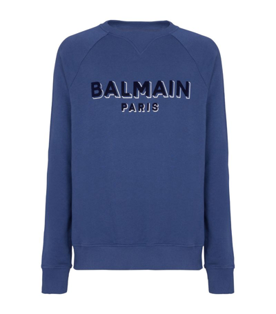 Balmain Logo-flocked Cotton Sweatshirt In Blue