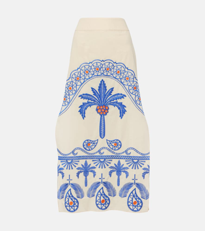 Johanna Ortiz Nature Walk Embroidered Cotton-blend Midi Skirt In Tropical Embroidery Ecru,blue