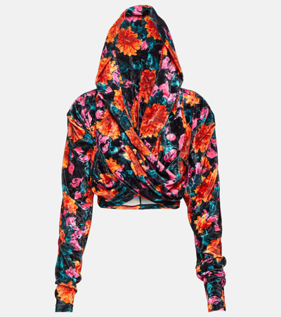 Rotate Birger Christensen Floral Hooded Velvet Top In Multicoloured