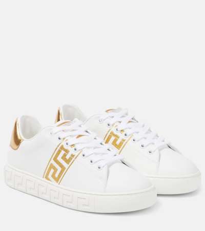 Versace Greca-embroidered Leather Sneakers In White
