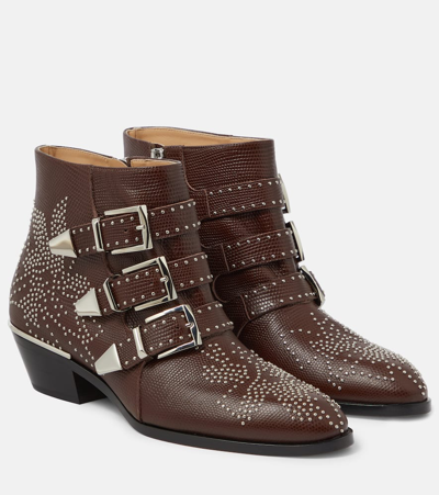 Chloé Susan Studded Leather Ankle Boots In Brown