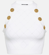 Balmain Halterneck Knit Cropped Top With Gold Buttons In White