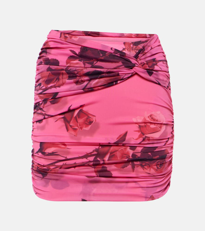 Blumarine Rose Printed Draped Jersey Mini Skirt In Multi,pink