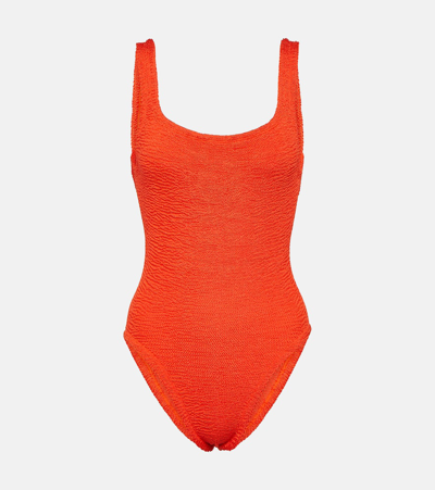 Hunza G Classic Seersucker One Piece Swimsuit In Metallic Tangerine