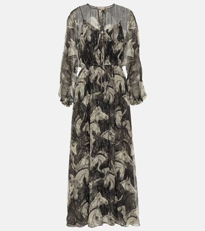 Gucci Printed Silk Blend Dress In Ivory,grey