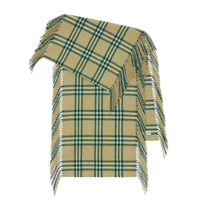 Burberry Cashmere Fringed Check Scarf In Green