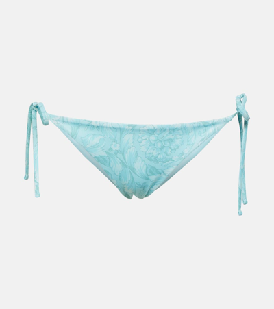 Versace Barocco Low-rise Bikini Bottoms In Blue