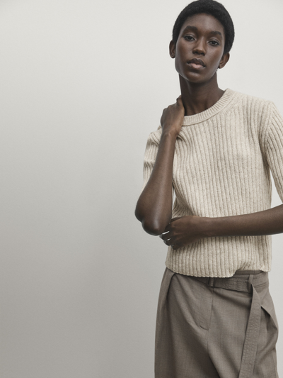 Massimo Dutti Short Sleeve Ribbed Knit Sweater In Beige Marl