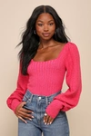 FREE PEOPLE KATIE HOT PINK RIBBED KNIT BALLOON SLEEVE SWEATER TOP