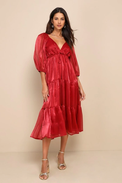 Lulus Romantic Appearance Wine Red Organza Tiered Midi Dress