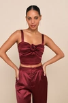 LULUS FLAWLESS BEHAVIOR BURGUNDY SATIN PLEATED ROSETTE TANK TOP