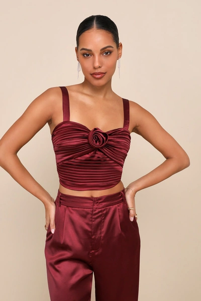 Lulus Flawless Behavior Burgundy Satin Pleated Rosette Tank Top