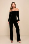Lulus Luxurious Dream Black Velvet Off-the-shoulder Bow Jumpsuit In Black