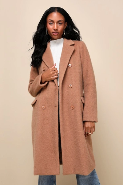 Lulus Colder Days Camel Brushed Double Breasted Coat In Brown