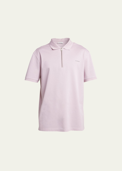 Moncler Men's Embossed Logo Zip Polo Shirt In Dark Pink