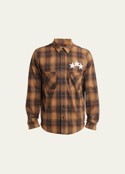 Amiri Leather-appliquéd Logo-embroidered Checked Cotton-flannel Shirt In Chai Tea