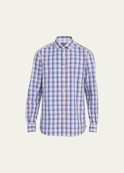 Zegna Men's Macro-plaid Cotton Sport Shirt In Dark Blue Check