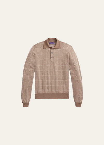 Ralph Lauren Purple Label Men's Glen Plaid Cashmere-silk Polo Sweater In Taupe