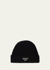 Prada Men's Wool-cashmere Ribbed Beanie Hat With Symbole In F0002 Nero