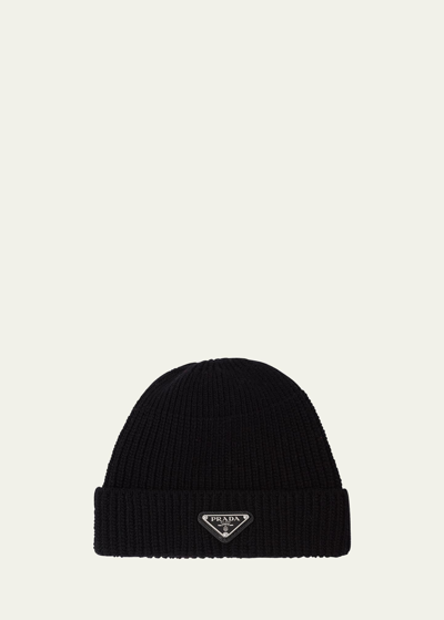 Prada Men's Wool-cashmere Ribbed Beanie Hat With Symbole In F0002 Nero