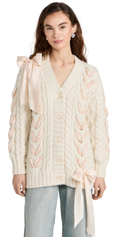 Loveshackfancy Lace-up Detailing Chunky Knit Cardigan In Snow