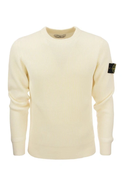 Stone Island Ribbed Sweater In Virgin Wool In Natural