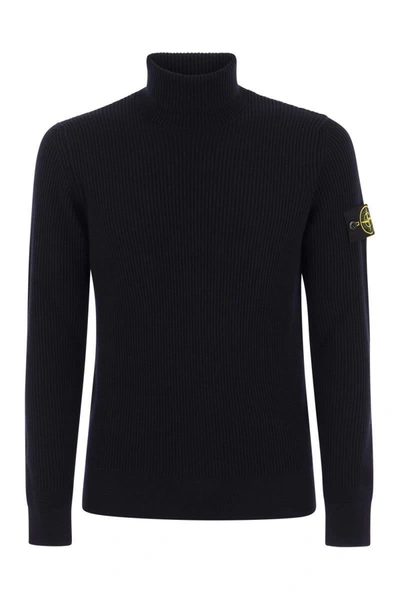 Stone Island Ribbed Turtleneck Sweater In Wool In Navy