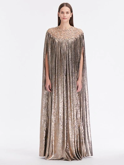 Oscar De La Renta Crystal Leaves Illusion Neck Caftan In Dark Gold