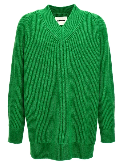 Jil Sander Oversized V Neck Ribbed Knit Sweater In Green