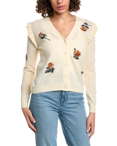 Minnie Rose Embroidered Flower Ruffled Cashmere Cardigan In White
