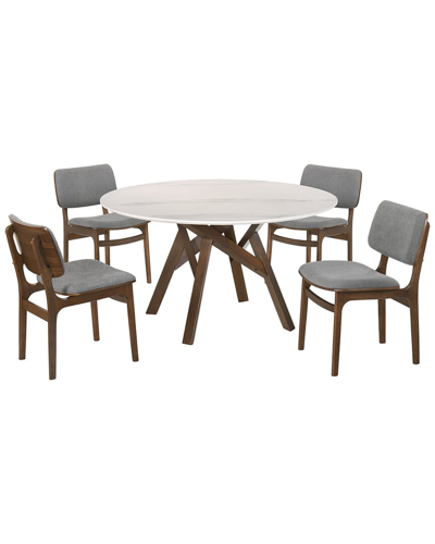 Armen Living Venus And Lima 5pc Walnut And Marble Round Dining Set In Gray