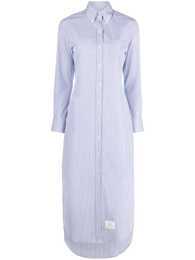 Thom Browne Trouser Length Button Down Point Collar Shirtdress In Mini Stripe Poplin Clothing In Blue
