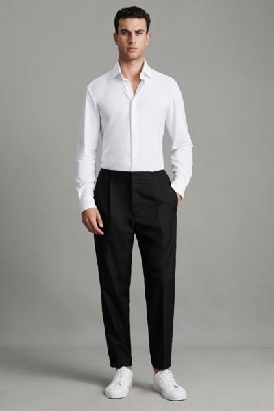 Reiss Brighton - Black Relaxed Drawstring Trousers With Turn-ups, 42 In Black