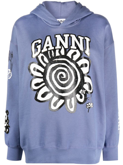 Ganni Printed Cotton Hoodie In Blue