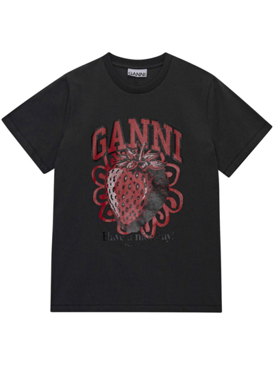 Ganni Printed Cotton T-shirt In Black