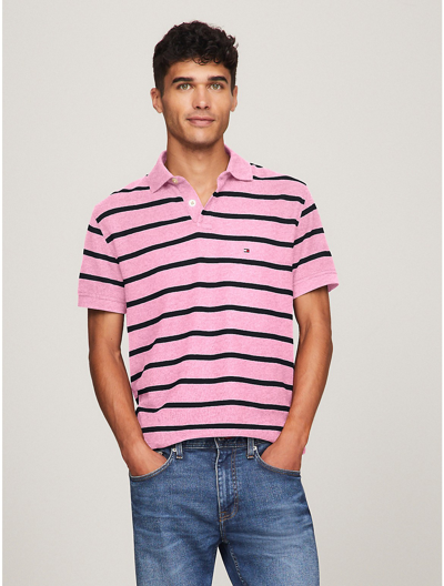 Tommy Hilfiger Regular Fit Stripe Wicking Polo In Pink Heather