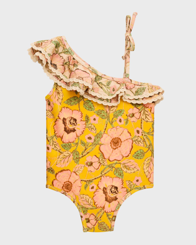 Zimmermann Kids' Girl's Junie Floral Frill One-piece Swimsuit In Orange