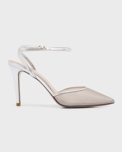 Andrea Wazen Denver Metallic Mesh Ankle-strap Pumps In Silver